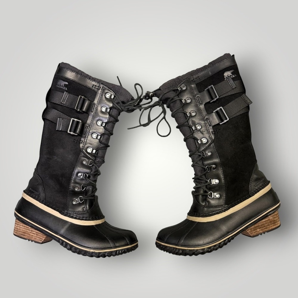 Sorel Conquest Carly II Black Waterproof Leather Suede Tall Duck Boots
